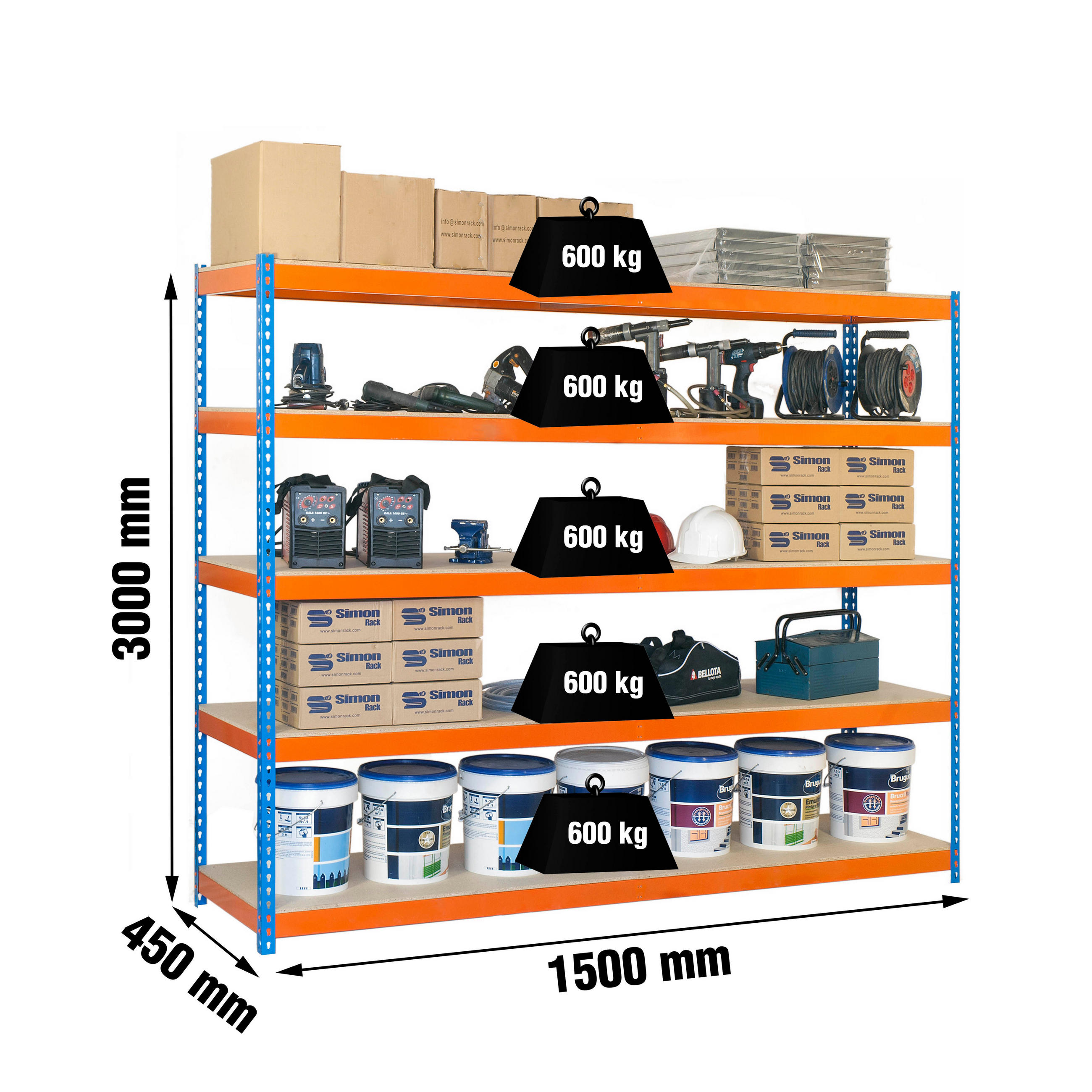 SCHWERLASTREGAL Wood Beast Five HxBxT 300 x 150 x 45 cm 5 Ebenen Fachlast 600 kg Blau-Orange - Gelb, Metall (150/300/45cm) - PROREGAL