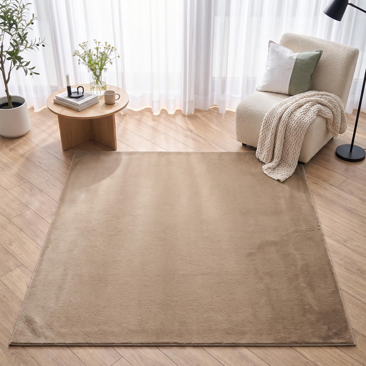KURZFLORTEPPICH LUMI quadratisch hellbraun kuschelweich waschbar 160/160 cm - Hellbraun, Textil (160/160cm) - Tapiso
