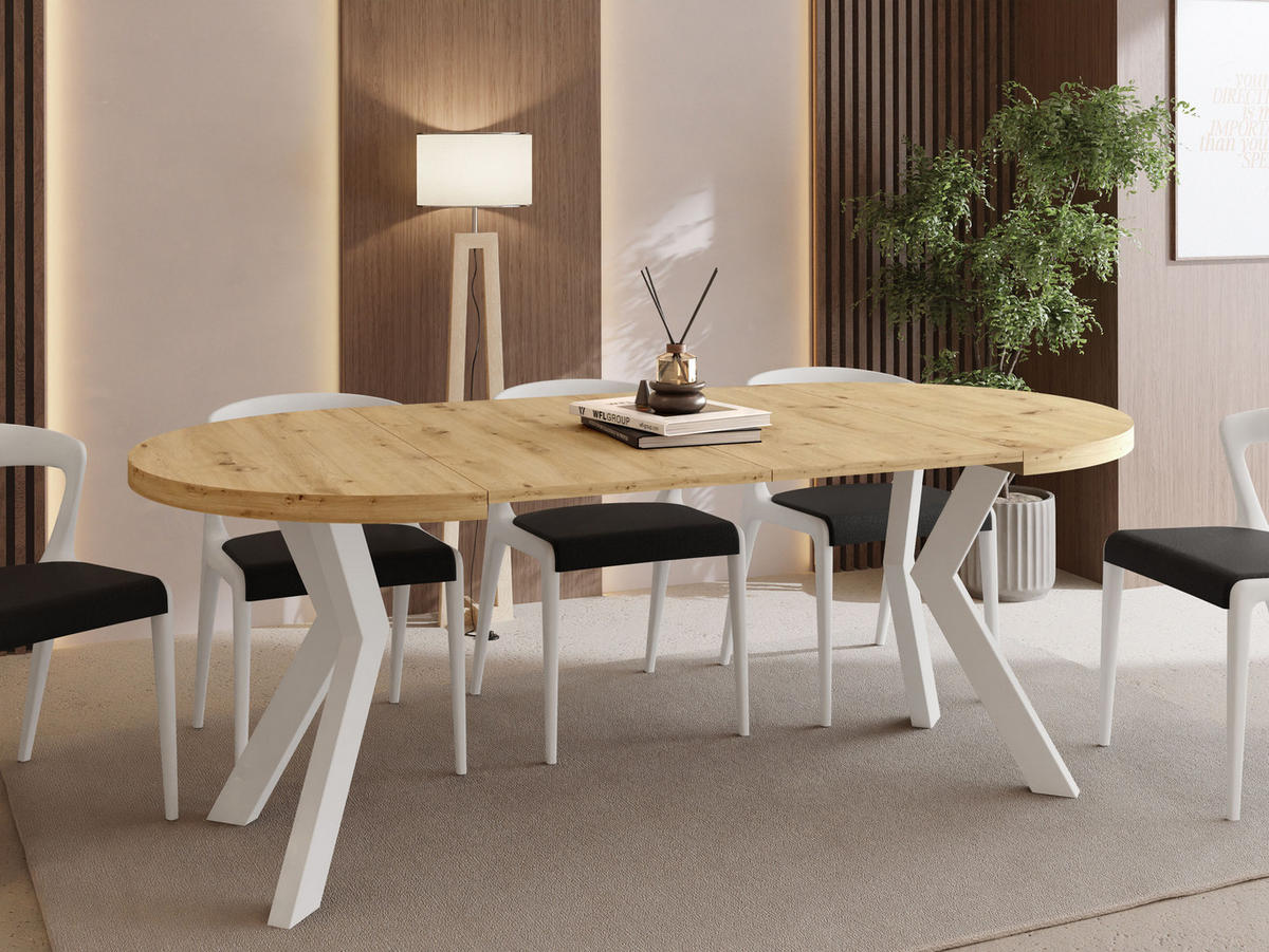 ESSTISCH Savio Weiß rund ausziehbar verlängerbar XXL, Eiche Artisan Hellbraun 100-300/100/77 cm - Weiß/Eiche Artisan, Holz/Holzwerkstoff (100/100/77cm) - WFL GROUP