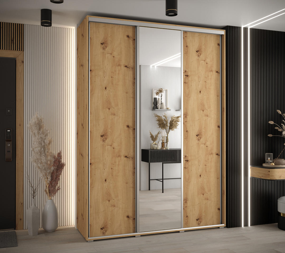 SCHWEBETÜRENSCHRANK 235,2/170/45 3-türig - Silberfarben/Eiche Artisan, Holz/Metall (170/235/45cm) - Abiks Möbel