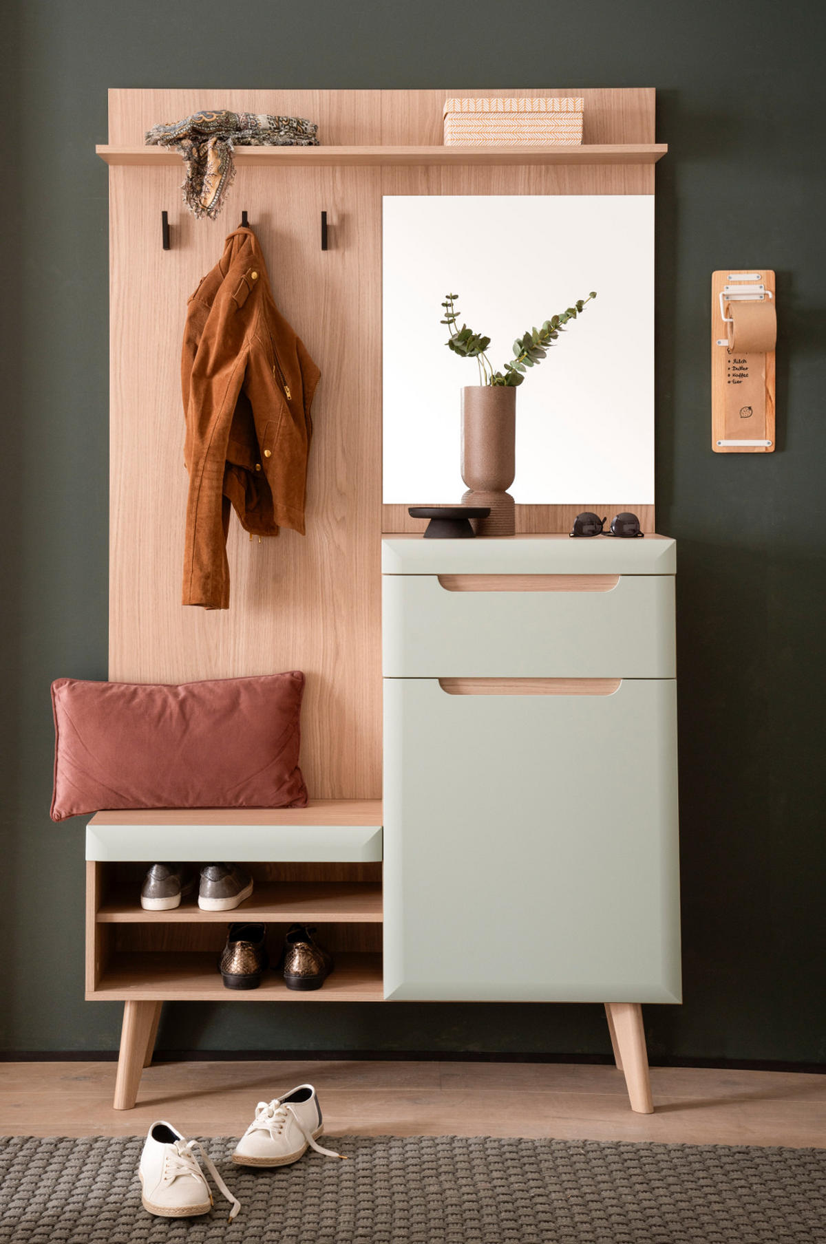 GARDEROBEN-SET 3-teilig Pistazie matt, Scandi Eiche, Garderobenkombination skandinavisch 227 x 197 cm - Eichefarben/Pastellgrün, Glas/Holz (237/200/40cm) - Furn.Design