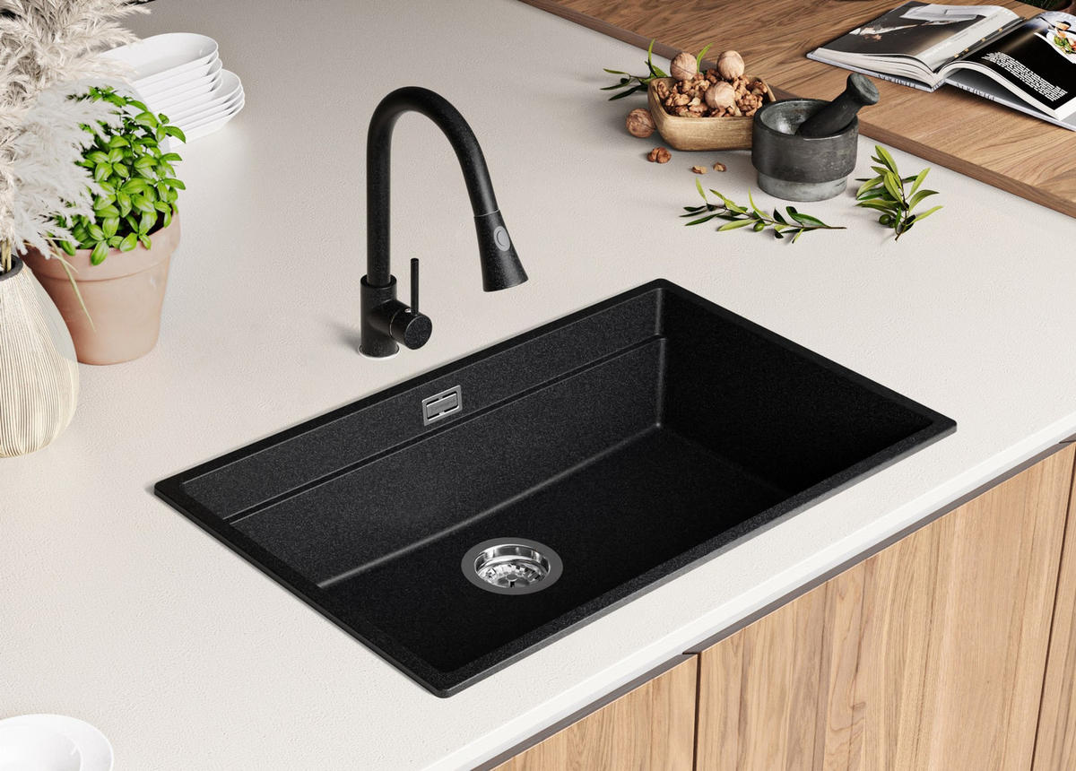 SPÜLBECKEN Praga Slim, 2-er set Anthrazit 76/47 cm 1 Becken + Ablauf-Set + Aufrollbare Abtropffläche ab 80er Unterschrank - Chromfarben/Anthrazit, Kunststoff (76/20/47cm) - Primagran