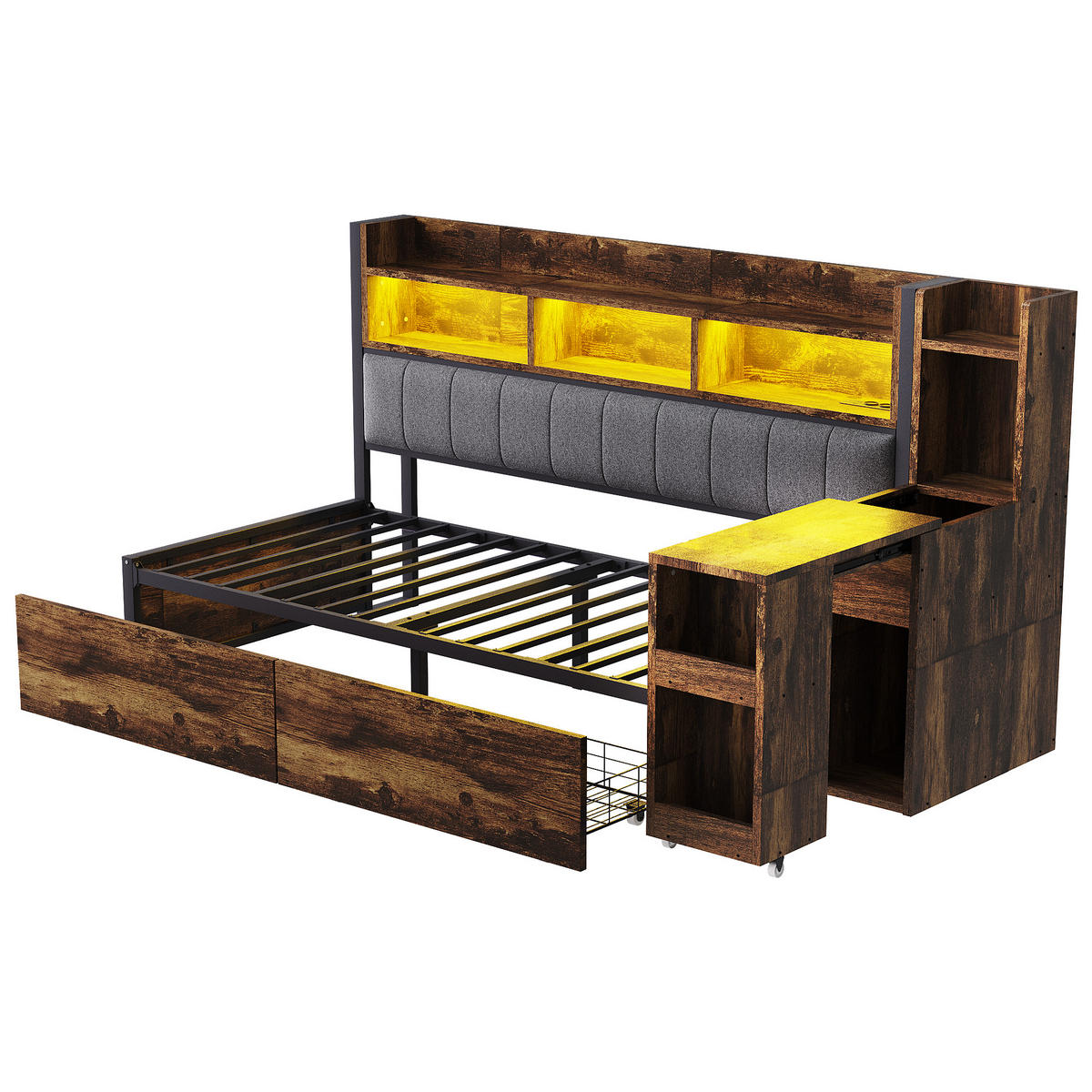 MULTIFUNKTIONSBETT 90/200 cm mit Schreibtisch und Stauraum Holzfarbe aus Metall - Naturfarben, Metall (90/200cm) - OKWISH