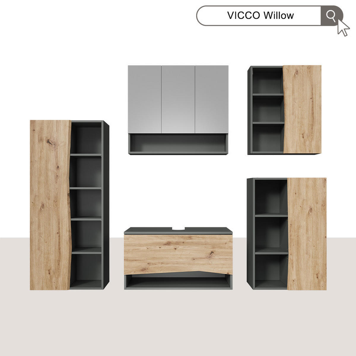 BADMÖBEL-SET Willow Artisan 5 Teile - Anthrazit/Hellgrau, Holzwerkstoff (80/42.8/43cm) - Vicco