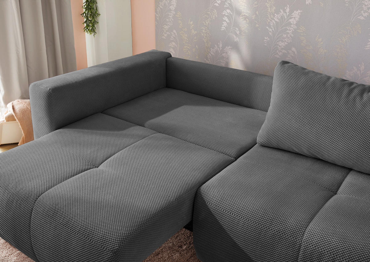 SCHLAFSOFA Verwandlung: Big-Sofa/Eckcouch, 2 Bettkästen, B243/T115-161/H84 cm, Liegefläche 145x197 cm, Waffelcord Grau / 15241 - Schwarz/Grau, Kunststoff/Textil (243/84/115cm) - luma-home