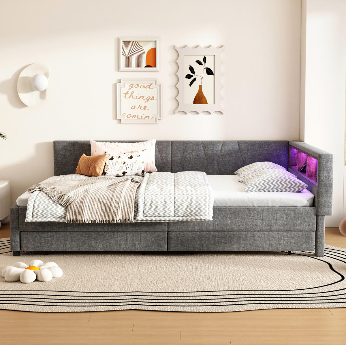 KREVET 140/200 cm s LED osvjetljenjem, USB+Type C priključkom i dvije ladice, Siva - siva, tekstil (140/200cm) - Redom
