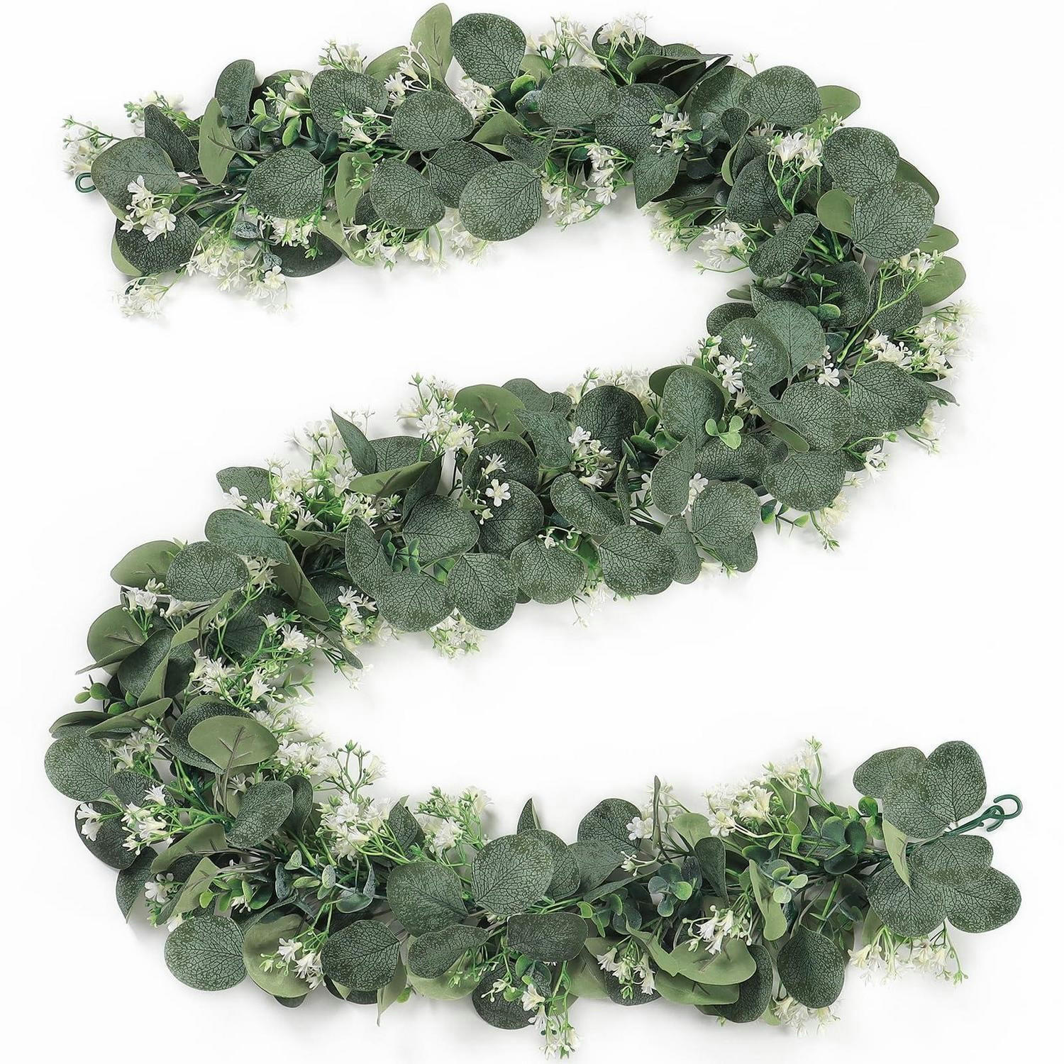 GIRLANDE Eukalyptus künstlich mit weißen Blumen 2 Stück 180 cm - Grün, Kunststoff (5cm)