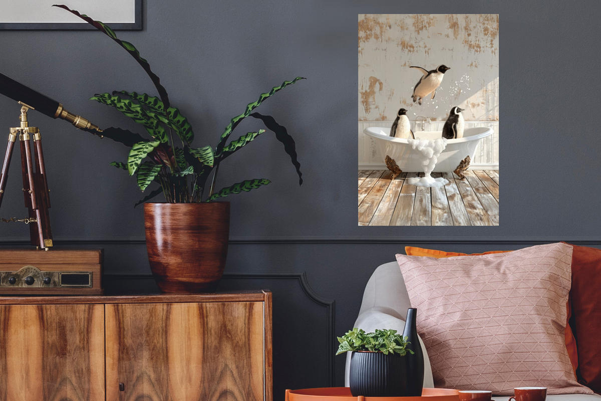 WANDTATTOO Vintage - Pinguin - Badewanne - Schaumstoff 40x60 cm - Schwarz, Kunststoff (40/60/0.1cm) - MuchoWow