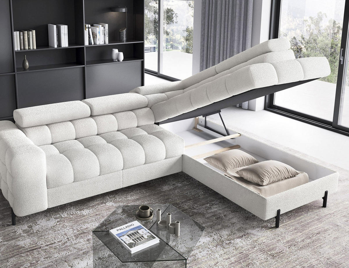 WOHNLANDSCHAFT FERUCCE Ecksofa L-Form – Polsterecke mit Schlaffunktion, Bettkasten & verstellbaren Kopfstützen 276 cm - Weiß, Kunststoff (276/200cm) - Wohnideebilder