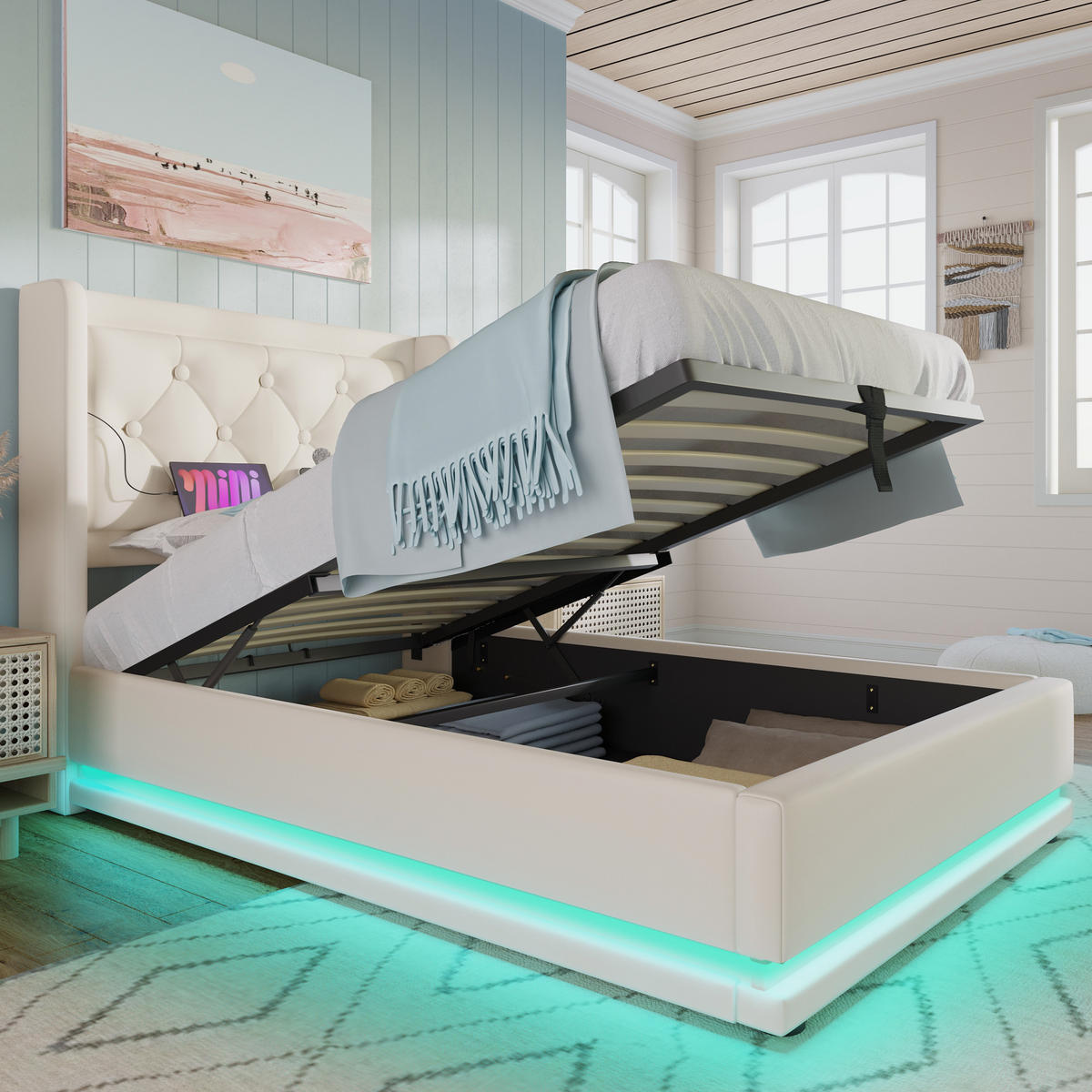 POLSTERBETT 90/200 cm Weiß PU mit hydraulischem Stauraum und LED-Beleuchtung Mit Matratze - Weiß, Kunststoff (90/200cm) - OKWISH