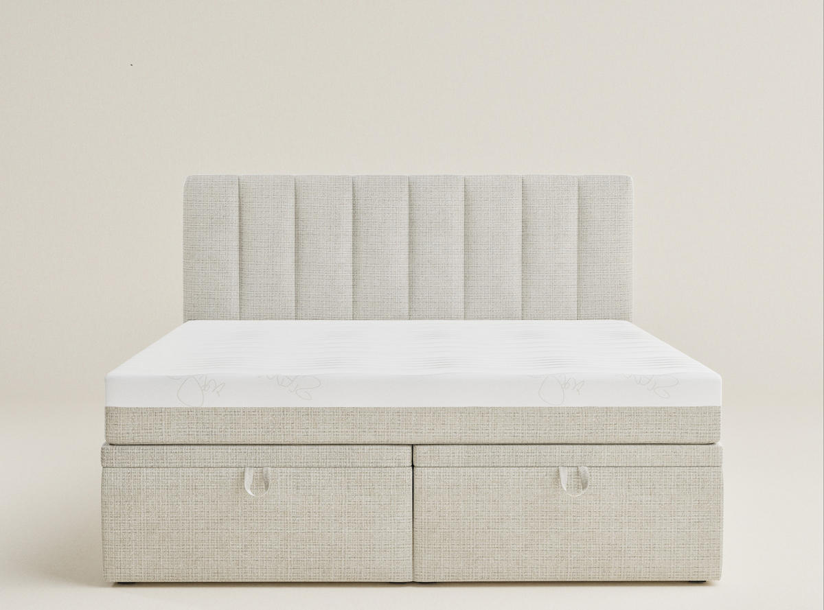 BOXBETT 140/200 cm Lovage M, in Beige, Matratze, gepolstertes Kopfteil, Bettkasten, H3 = fest - Beige/Schwarz, Holz/Holzwerkstoff (140/200cm) - Maison de Reve
