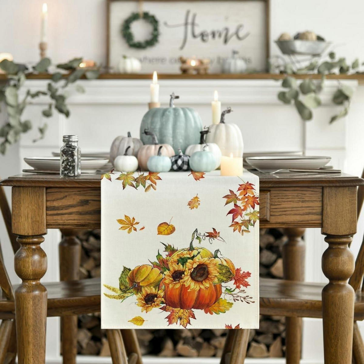 TISCHLÄUFER Herbstmotiv Kürbisse Sonnenblumen 40 x 300 cm Orange/Beige - Creme, Textil (300/40/1.5cm)