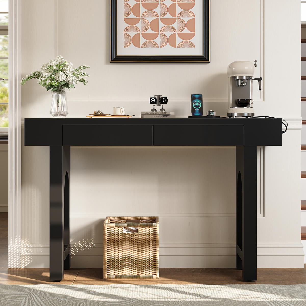 KONZOLOVÝ stolek z MDF 120x35,5x76,5 cm černý se 2 zásuvkami, USB, Type-C a nastavitelnými nožkami - černá, kompozitní dřevo (35.5/120/76.5cm) - Modfu