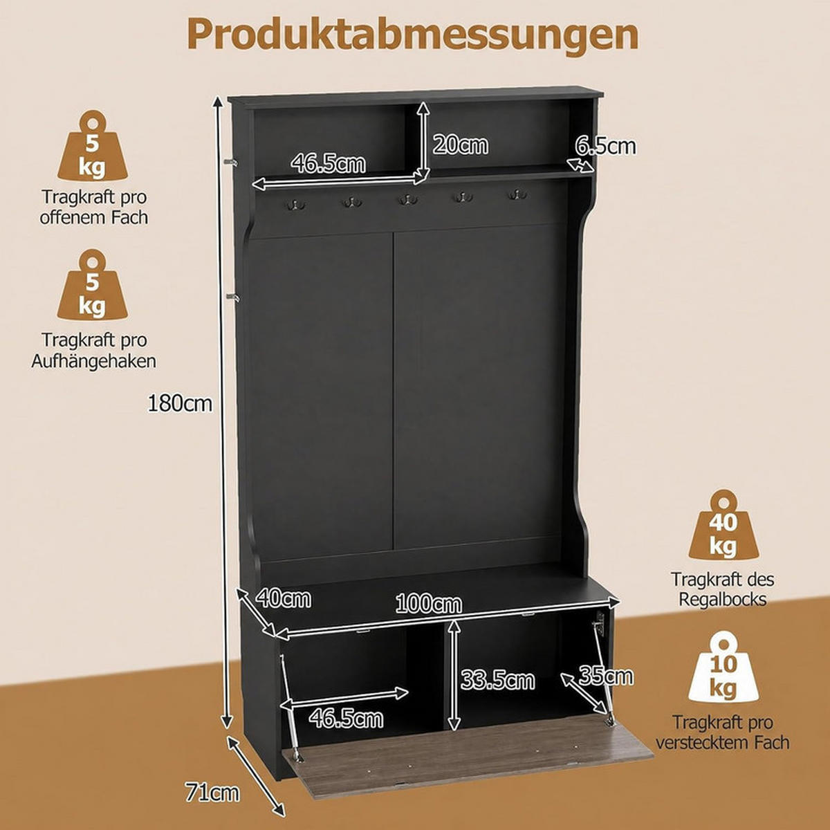 GARDEROBENSTÄNDER mit Schuhschrank schwarz - Schwarz, Holzwerkstoff (100/180/71cm) - COSTWAY
