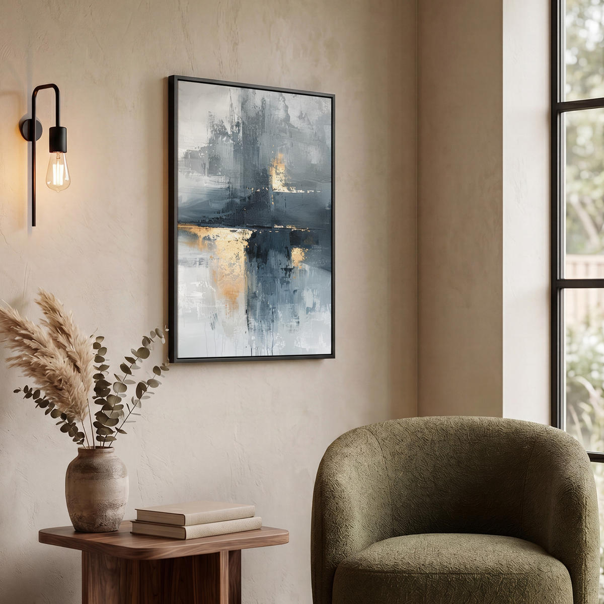LEINWAND Bilder mit Rahmen - Kunst - Grau - Gold - Abstrakt - 50x70 - Dunkelgrau, Textil (50/70cm) - MuchoWow