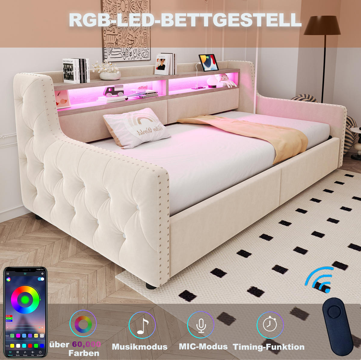 POLSTERBETT 90/200 cm aus Samt mit LED, Stauraum und Lattenrost Beige - Beige, Textil (90/200cm) - Modenvie