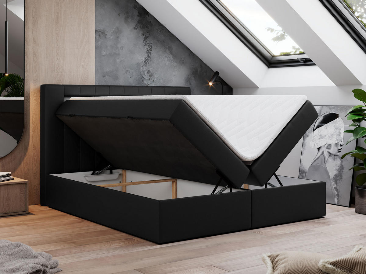 BOXBETT GOLD-5 LED 160/200 Schwarz Kunstleder - H3 - Schwarz, Holz/Textil (160/200cm) - MKS
