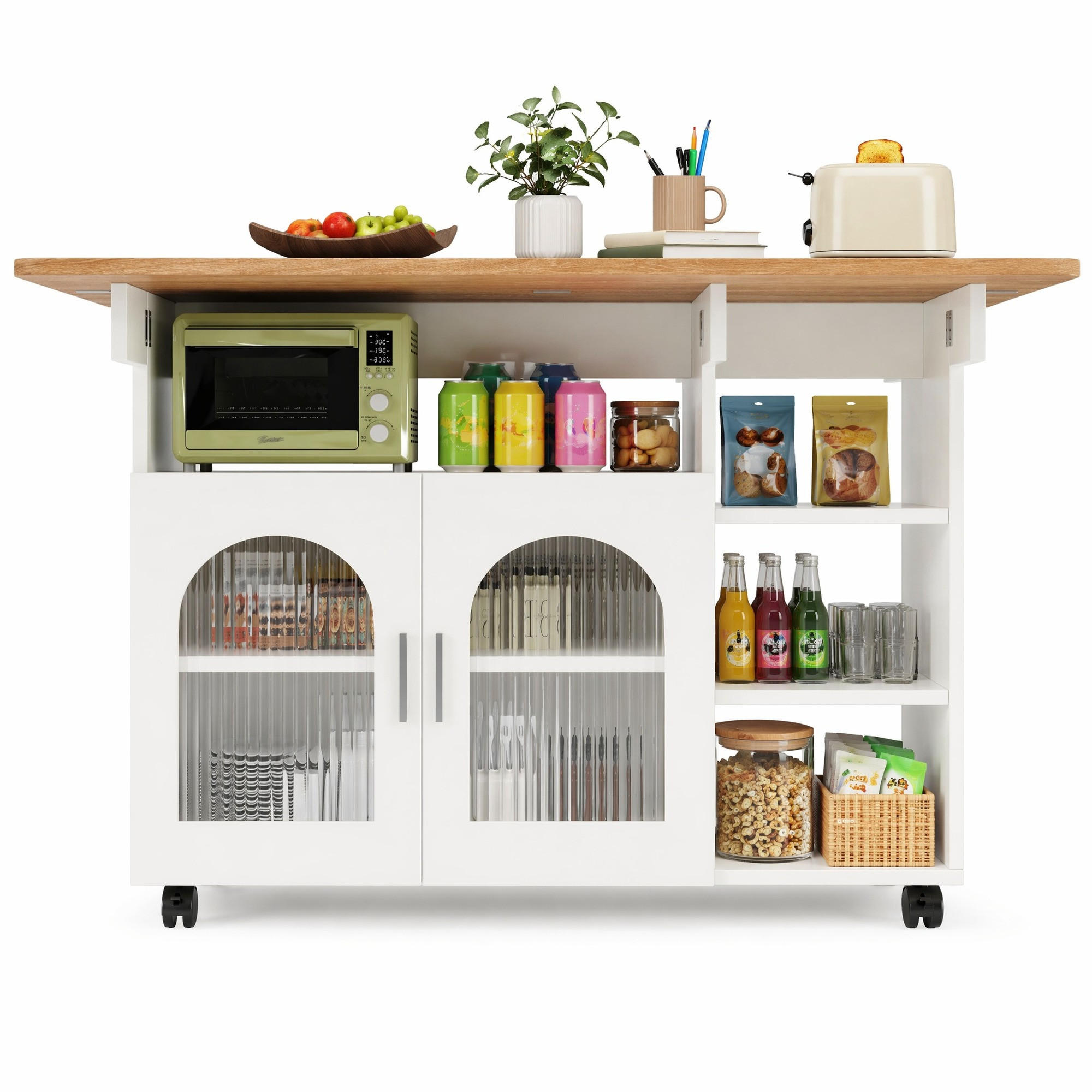 KÜCHENINSEL in Weiß und Naturfarben Servierwagen mit Glastüren für Küche und Esszimmer, B120/T30/H79.5 cm - Weiß, Glas/Holzwerkstoff (120/79.5/30cm) - STILVORA