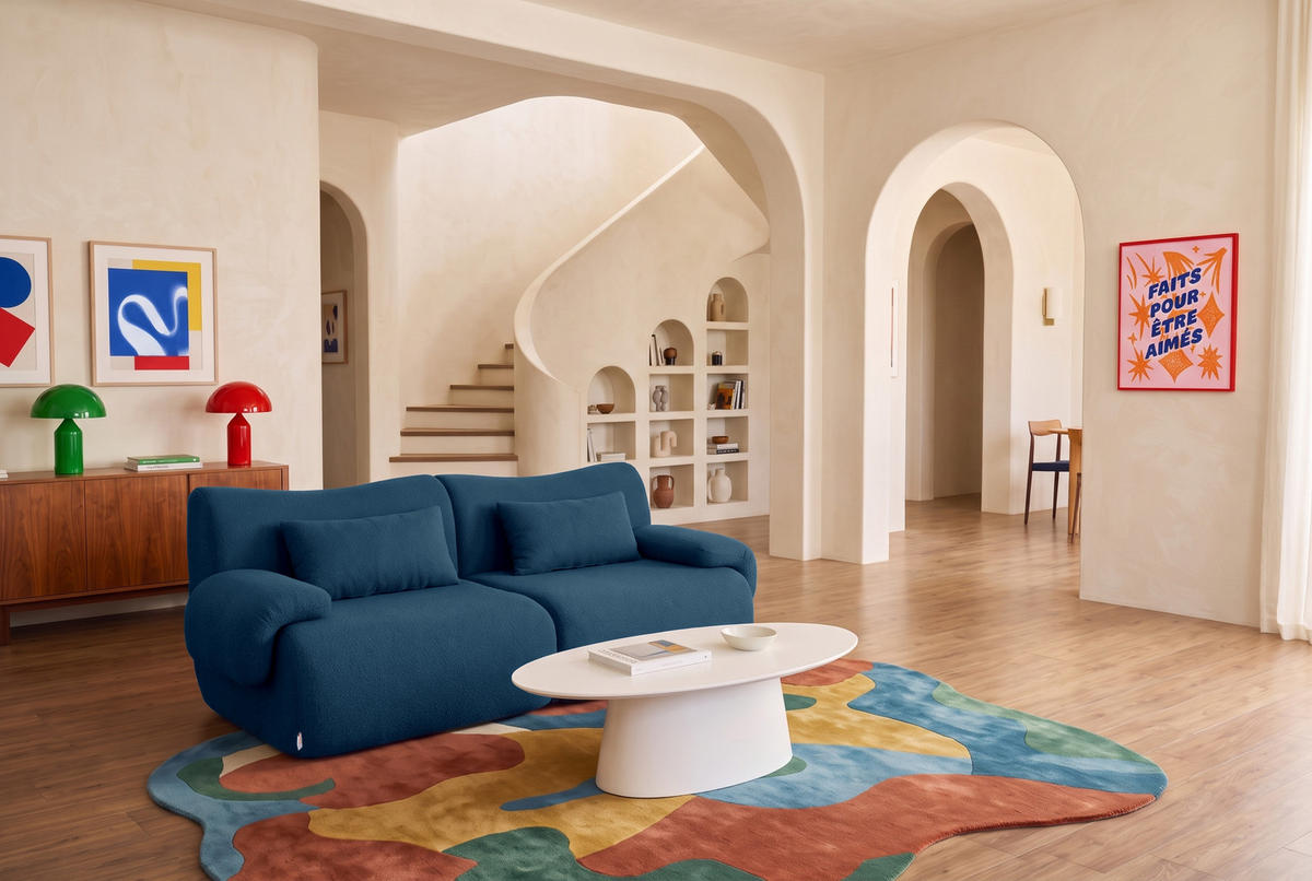2-MIESTNA pohovka bouclé tkanina tmavomodrá - modrá, textil (194/73/95cm) - MILYsofa