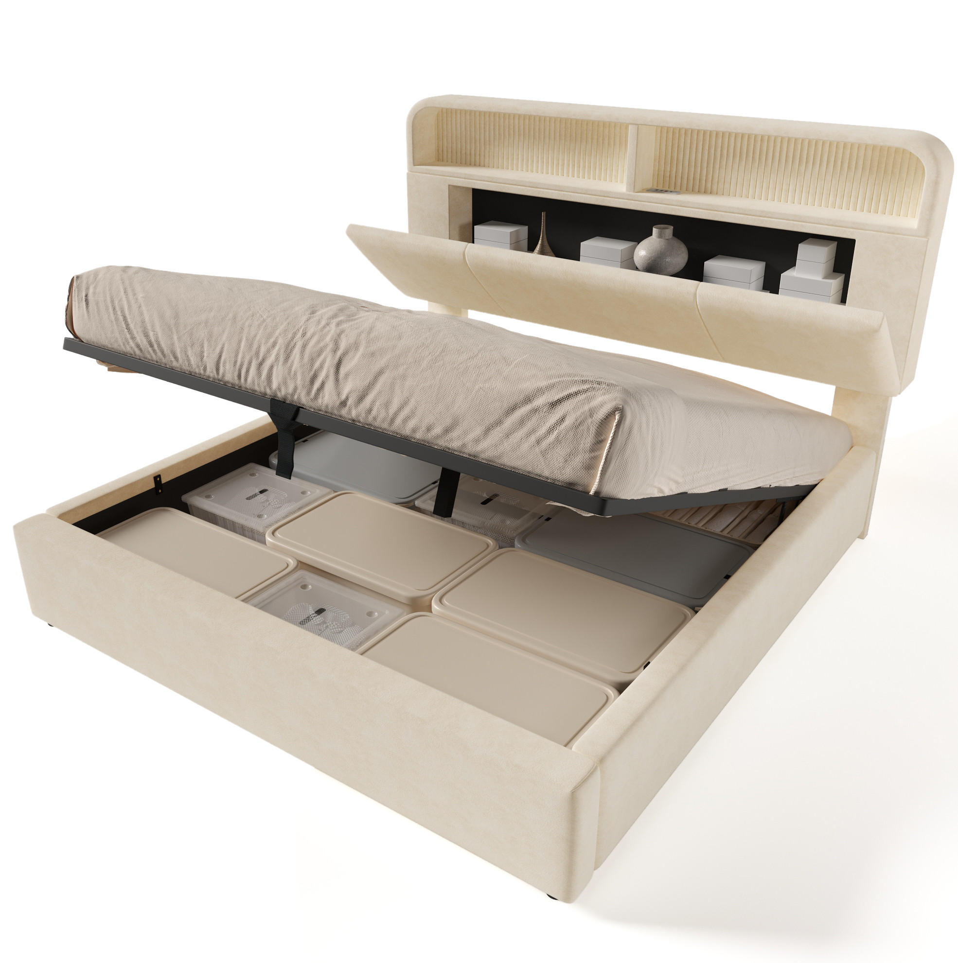 SAMT-POLSTERBETT 140/200 cm mit Bettkasten, LED-Beleuchtung und Lattenrost - Beige, Textil (140/200cm) - BEAOK