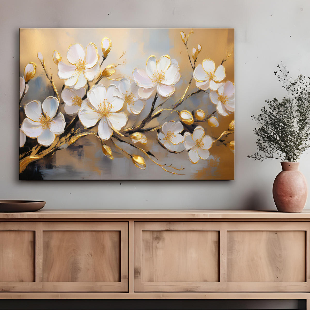 WANDBILD moderne weiße blumenpflanzen zweig - Goldfarben, Textil (60/40cm) - Feeby