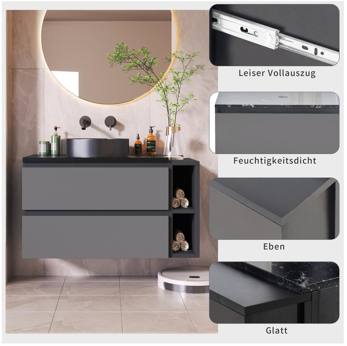 WASCHTISCHKOMBI 80 cm in Schwarz/Grau mit Aufsatzbecken und Schubladen - Schwarz, Holzwerkstoff (80/48.5/44cm) - Flora Grace