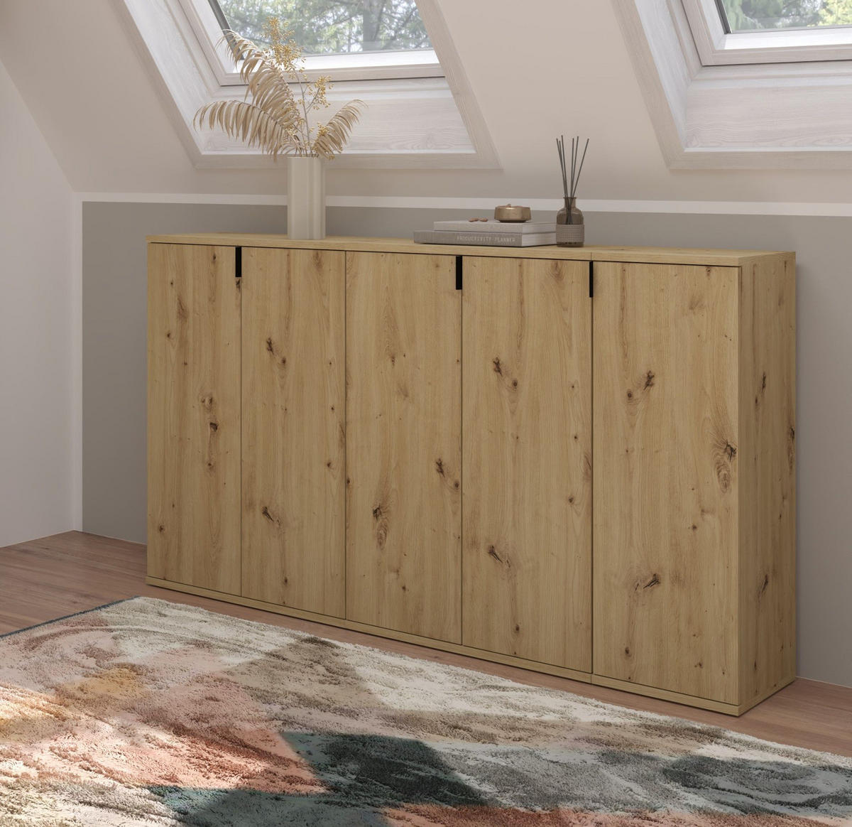 SIDEBOARD Artisan Eiche 152 cm, Kommode 5-türig - Schwarz/Eiche Artisan, Holzwerkstoff/Metall (152/99/34cm) - Inn.Furn