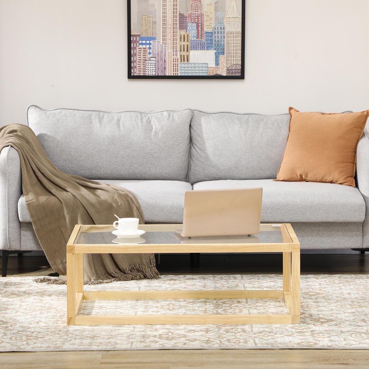COUCHTISCH DE-15831 mit Glasplatte Hellholz - Naturfarben, Holzwerkstoff (100/60/35cm) - ComfortXL