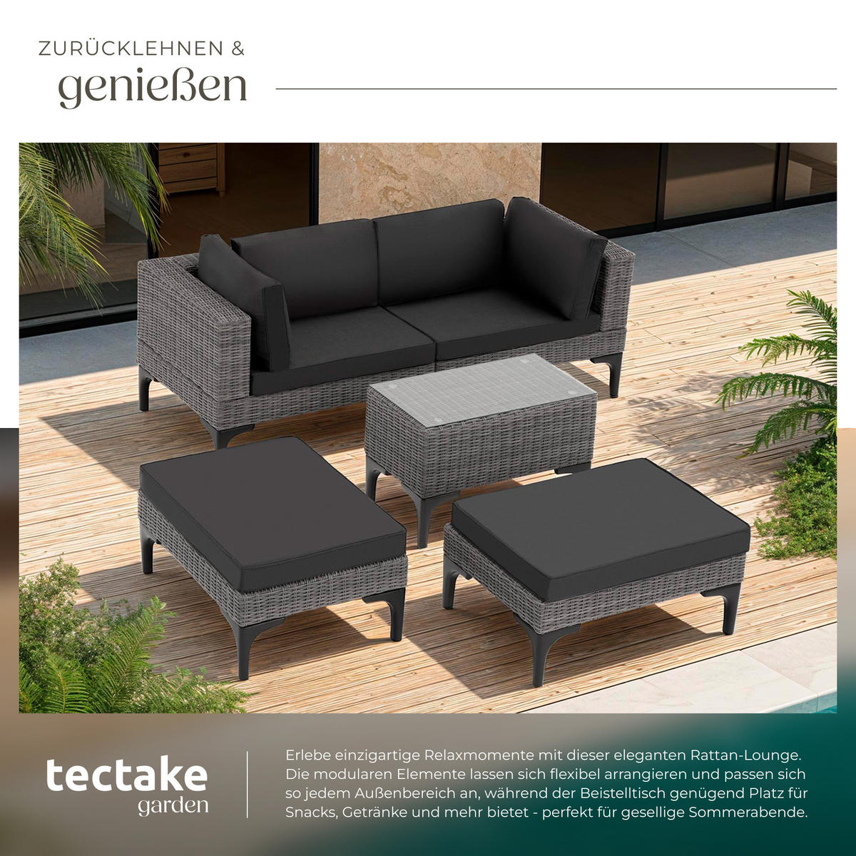 RATTANLOUNGE Bellaria,mit Sicherheitsglasplatte,grau - Grau, Kunststoff/Metall - tectake