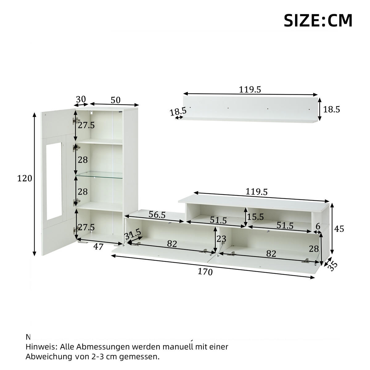 WOHNWAND 3-teilig LED Hochglanz Weiß TV Schrank - Weiß, Holzwerkstoff (170/45/35cm) - FLIEKS