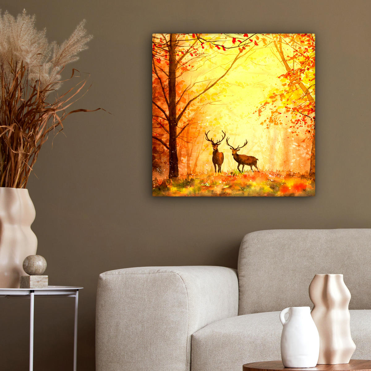 LEINWANDBILD Natur - Ölfarbe - Hirsche - Tiere - Herbst - Orange 50x50 cm - Orange, Textil (50/50cm) - MuchoWow