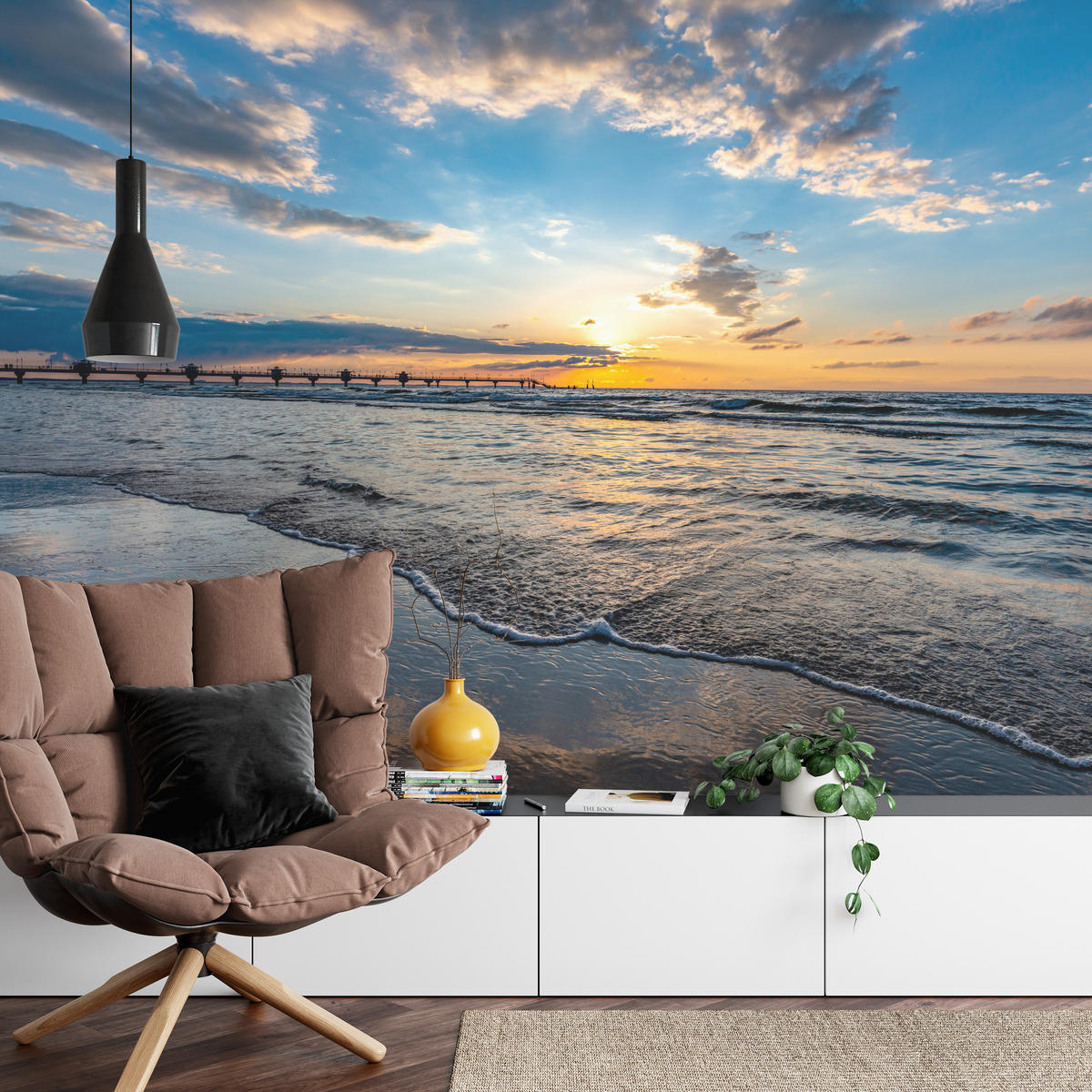 FOTOTAPETE für Wohnzimmer Sonnenuntergang Pier Romantik Meer 400x280 - Blau/Gelb, Papier (400/280cm) - Muralo