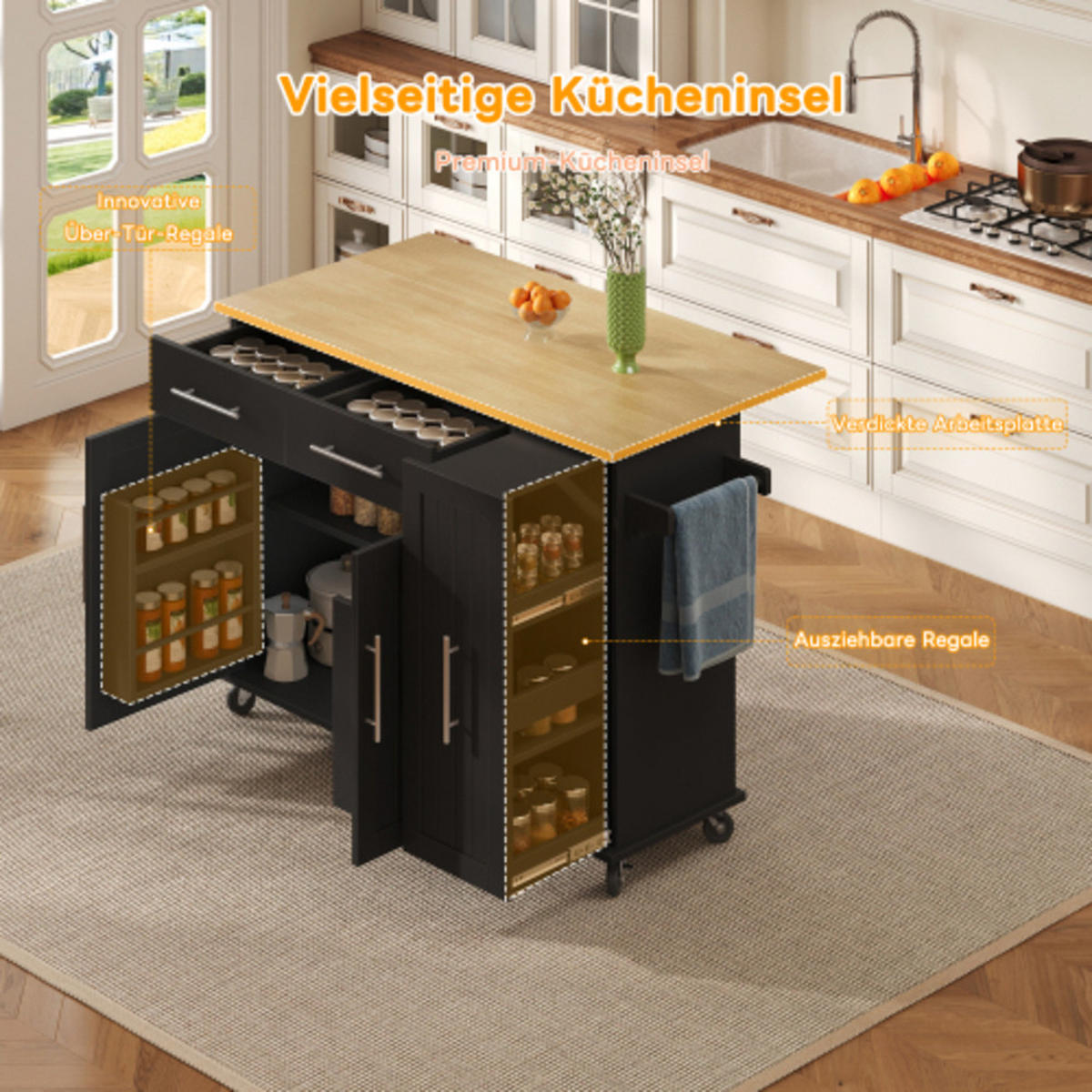 KÜCHENINSEL Schwarz-Natur aus MDF mit ausziehbarem 3-Ebenen-Regal und klappbarer Erweiterungsplatte 120 × 40(65) × 90 cm - Schwarz, Holzwerkstoff (120/90/65cm) - Luhomfu