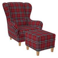 OHRENSESSEL Sofia Relaxsessel mit Hocker | Design Oxford kariert Rot - Brombeere, Textil (92/68/95cm) - Supellex