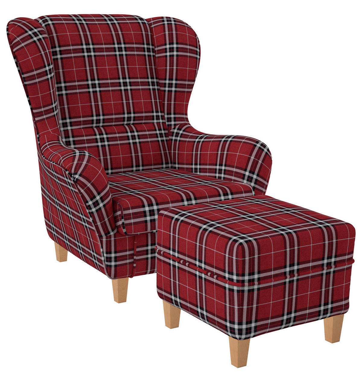 OHRENSESSEL Sofia Relaxsessel mit Hocker | Design Oxford kariert Rot - Brombeere, Textil (92/68/95cm) - Supellex
