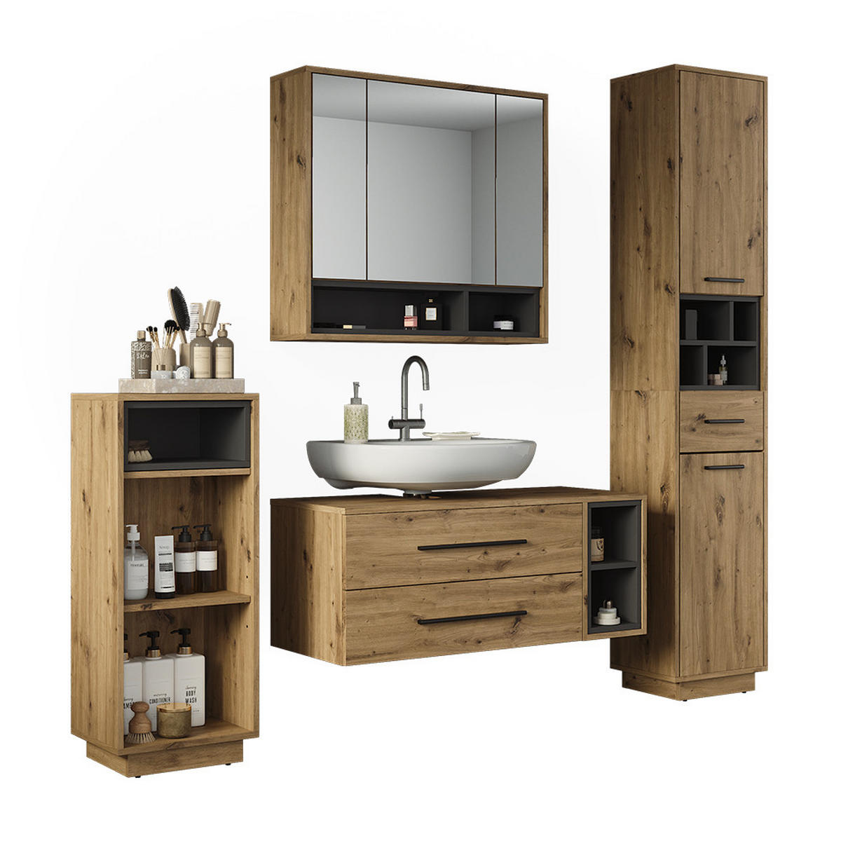 BADMÖBEL-SET Beatrice, Artisan-Eiche/Anthrazit, 4-teilig - Anthrazit/Eiche Artisan, Holzwerkstoff (100/40/40cm) - Vicco