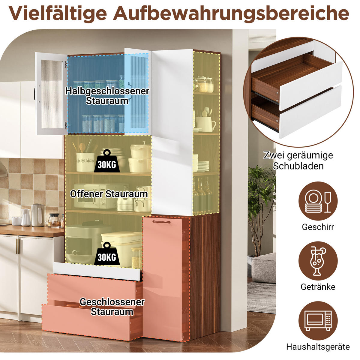 HIGHBOARD 100/40/200 cm mit Auszugsablage, Riffelglas und 2 Schubladen aus MDF, Weiß/Nussbaum - Weiß/Braun, Holzwerkstoff (100/200/40cm) - Redom