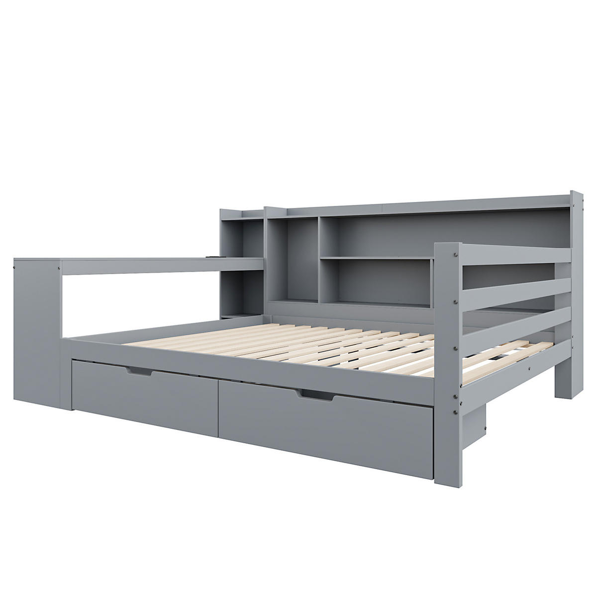 SCHLAFSOFA 140/200 cm mit Schreibtisch, Regalen, 2 Schubladen und Steckdose, Grau - Grau, Holz (165/100/245.5cm) - Redom