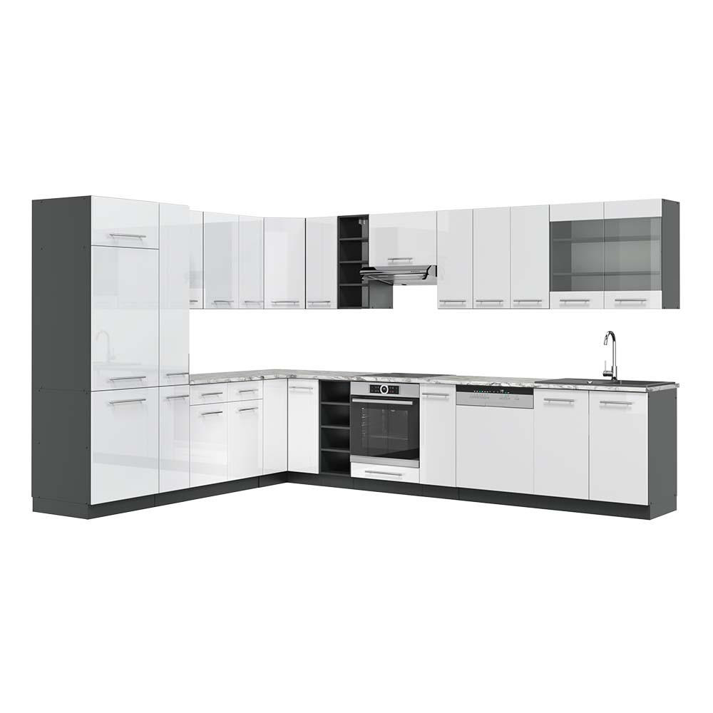 ECKKÜCHE Fame-Line Weiß Hochglanz/Anthrazit 347 x 257 cm, AP Marmor - Weiß Hochglanz/Anthrazit, Holzwerkstoff (347/81.6/60cm) - Vicco