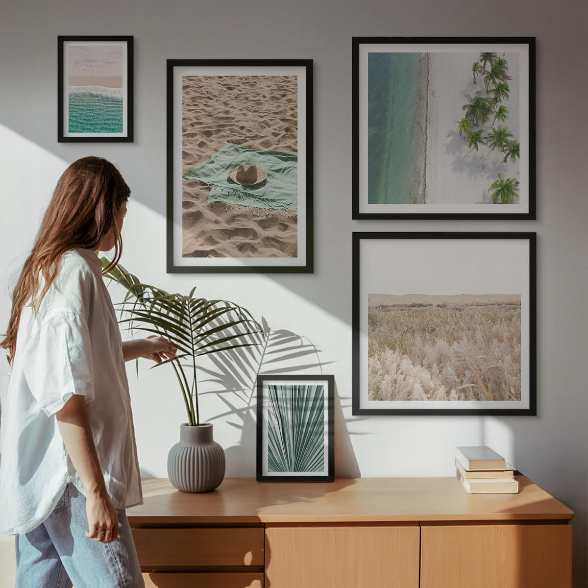 BILDER SET 5er Set - 50x50 cm & 20x30 cm & 40x60 cm Schwarzer Rahmen - Urlaubsblick Strand Meer - Schwarz, Kunststoff (40/60cm) - TULUP