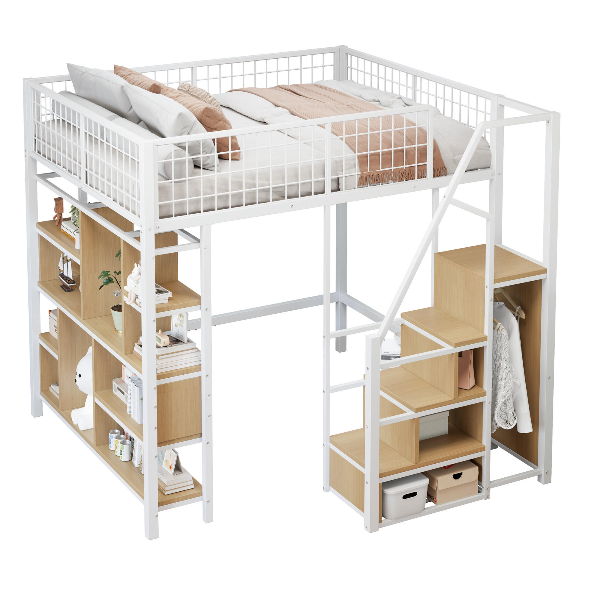 HOCHBETT 140/200 cm Weiß aus Metall und Holzwerkstoff mit Stauraumtreppe - Weiß, Metall (140/200cm) - OKMYHOME