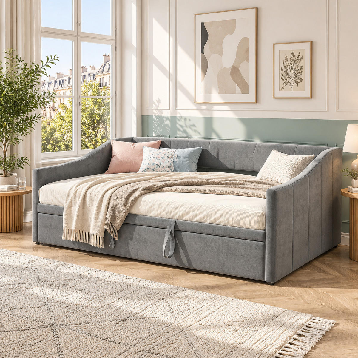 SCHLAFSOFA , veloursbezogen, 3-fach umwandelbar, mit Ausziehfunktion und Stauraum grau - Grau, Metall (190/74.5/210cm) - Joyfair