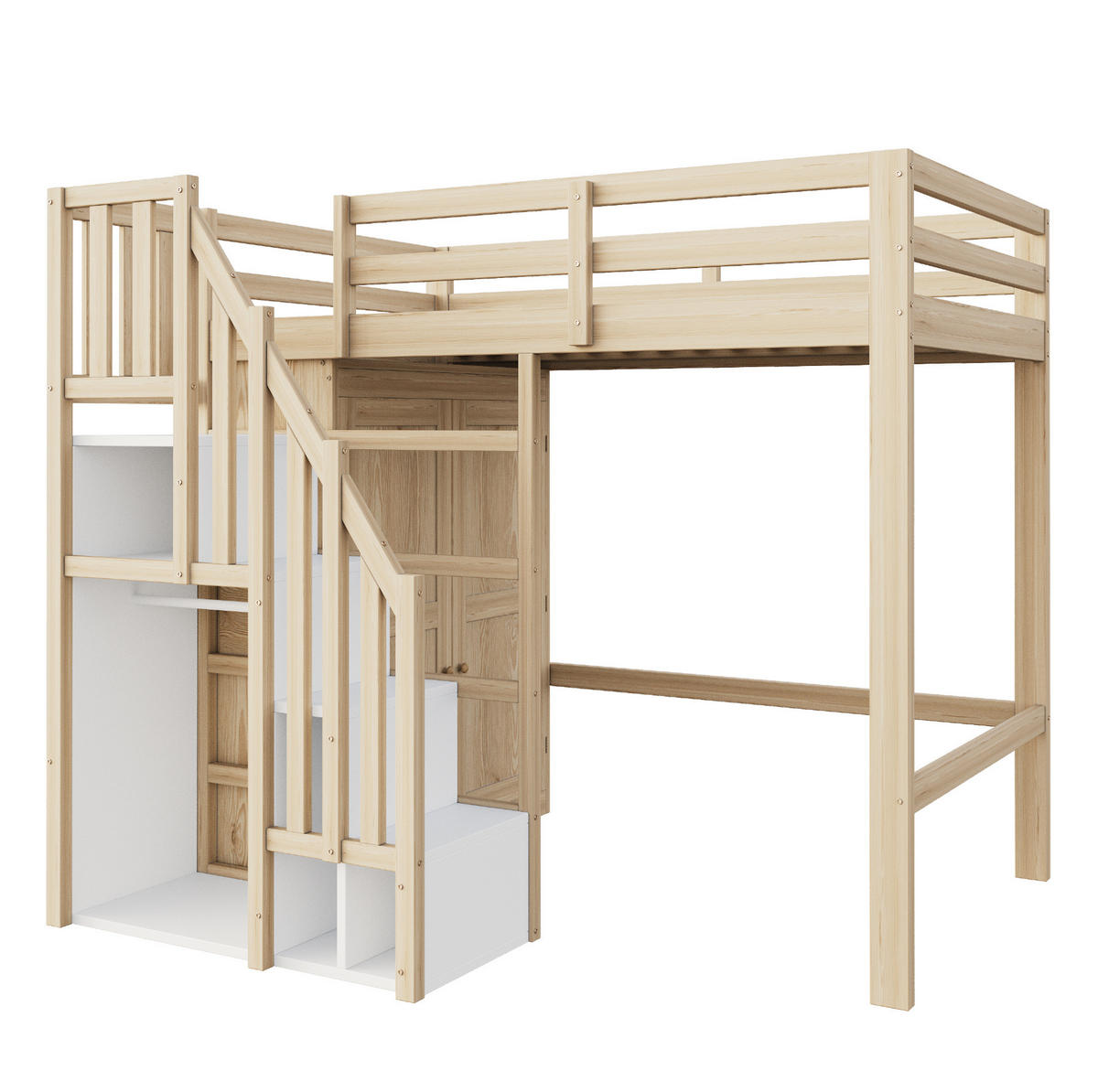 HOCHBETT aus Holz 90x200 cm in Holzfarbe mit Kleiderschrank & Stauraumtreppe - Naturfarben, Holzwerkstoff (90/200cm) - Modfu