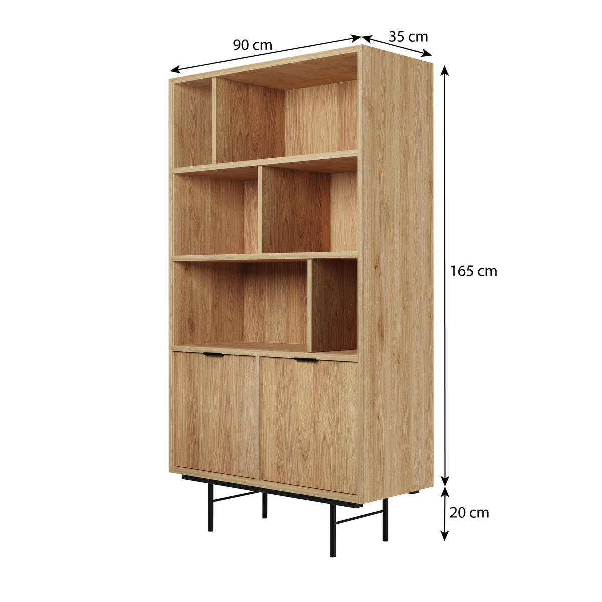 WOHNWAND Evron 2-teilig Bücherregal 90 cm + TV-Board 200 cm, Hikora Eiche - Eichefarben/Schwarz, Holzwerkstoff/Metall (200/185/35cm) - Beautysofa