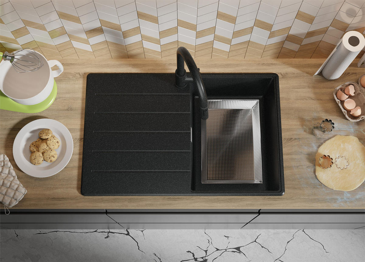 SPÜLBECKEN Kopenhagen, 2-er set Anthrazit 78/50 cm 1 Becken + Ablauf-Set + Schneidebrett ab 45er Unterschrank - Chromfarben/Anthrazit, Kunststoff (78/20/50cm) - Primagran