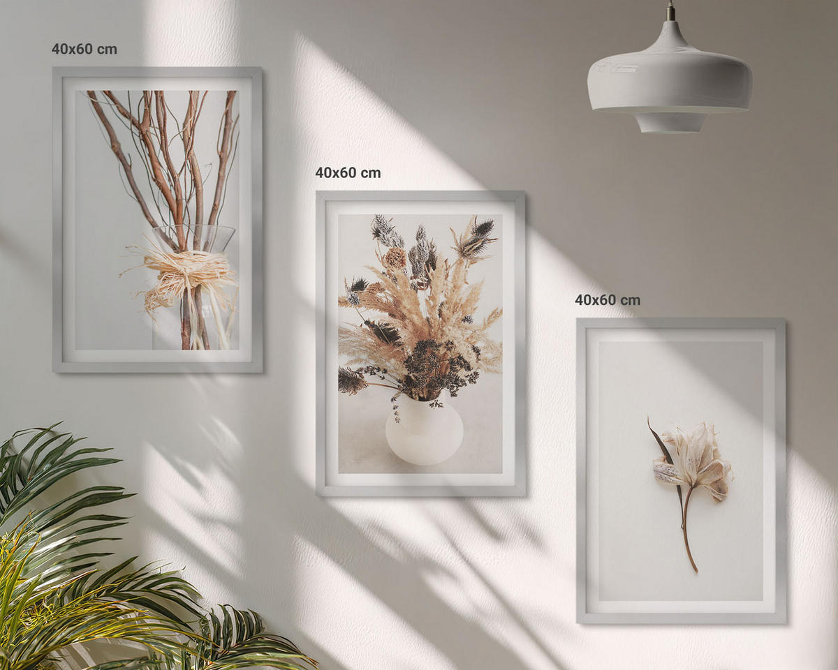 WANDBILDER 3er Set - 40x60 cm Silberner Rahmen - Blumenzweige minimalistisch - Silberfarben, Kunststoff (40/60cm) - ArtPrintCave