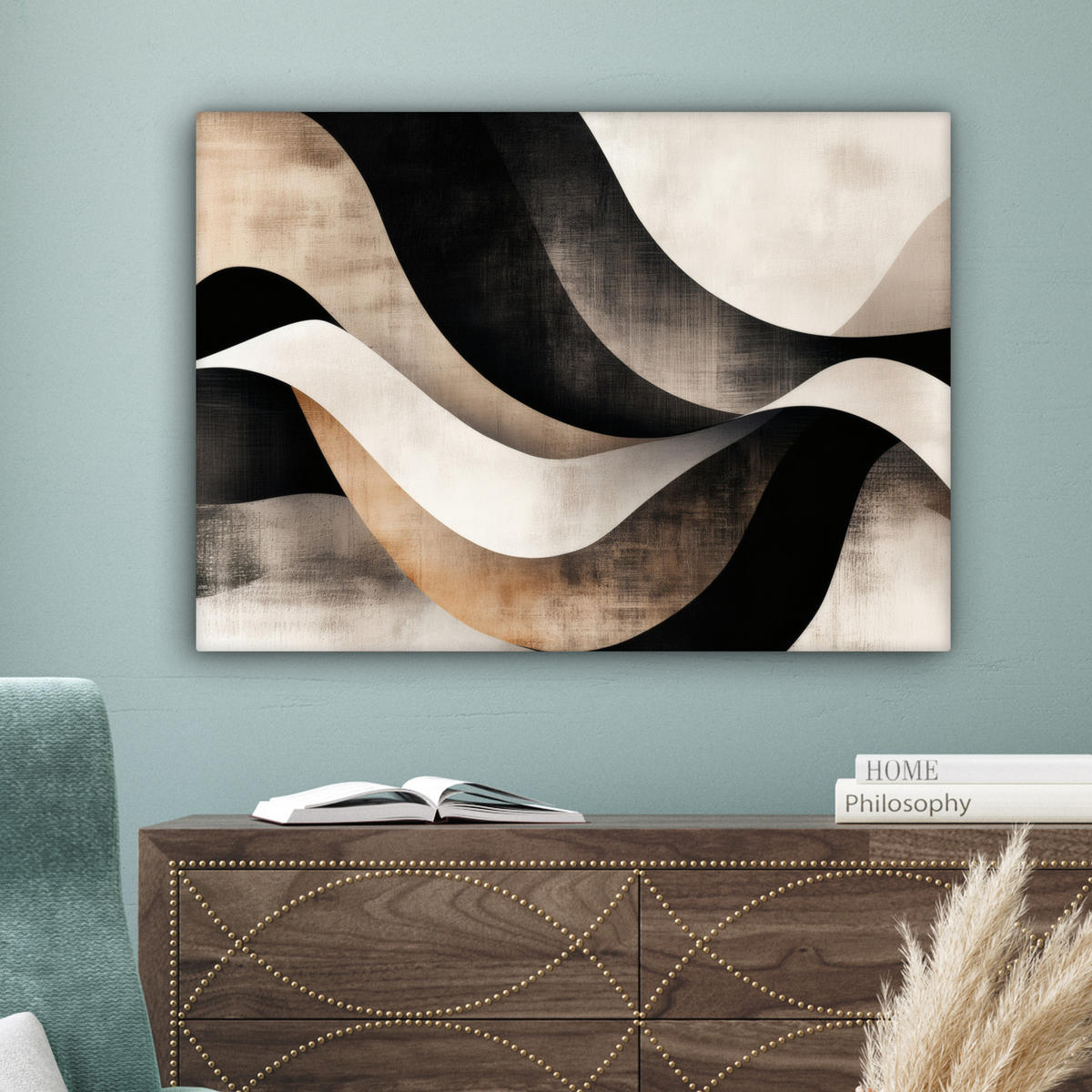 LEINWANDBILD Abstrakt - Wellen - Schwarz - Verwittert Wandbilder 80x60 cm - Trüffeleichefarben, Textil (80/60cm) - MuchoWow