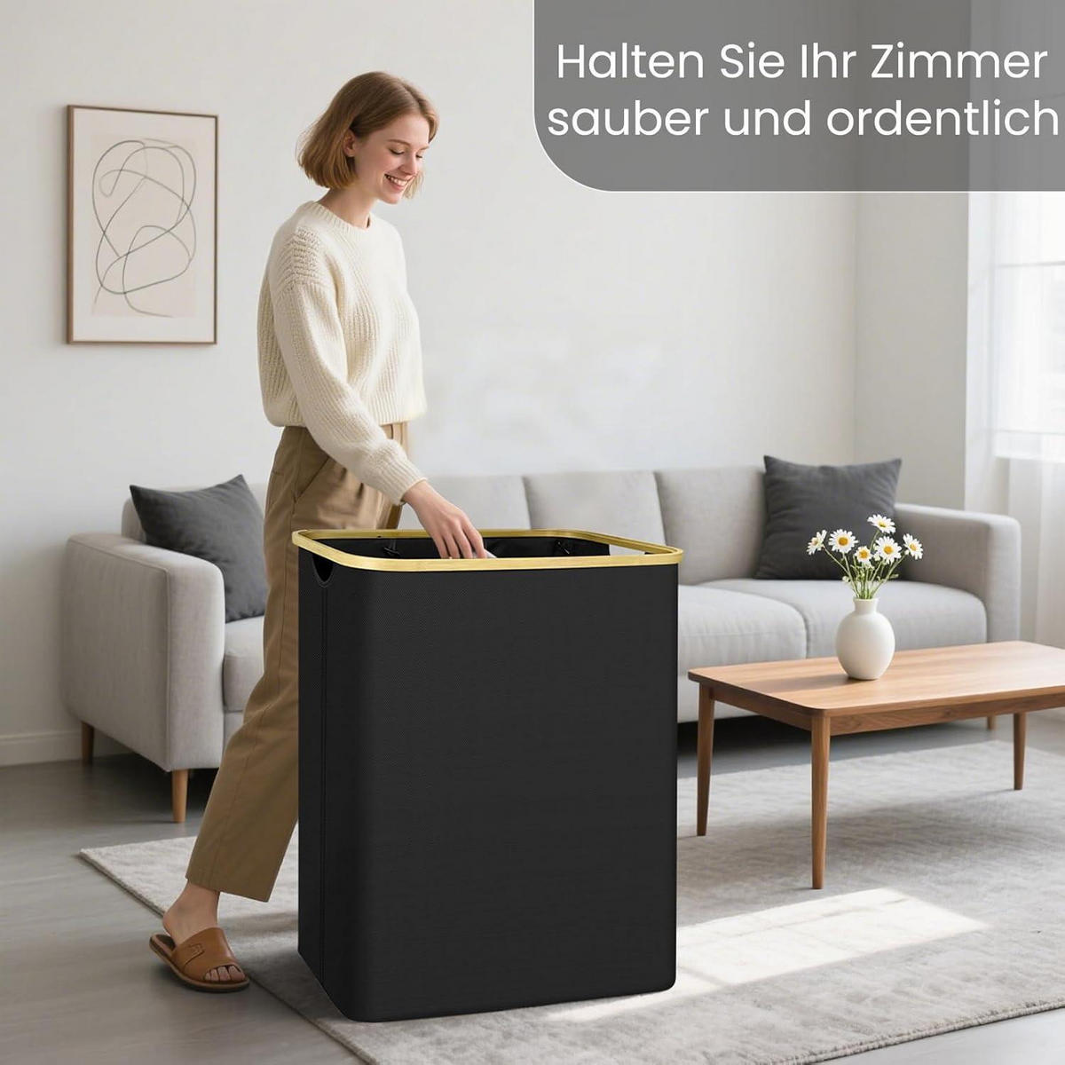 WÄSCHEKORB mit 3 Fächern und Deckel Schwarz 160L - Schwarz, Textil (68/60/39cm)