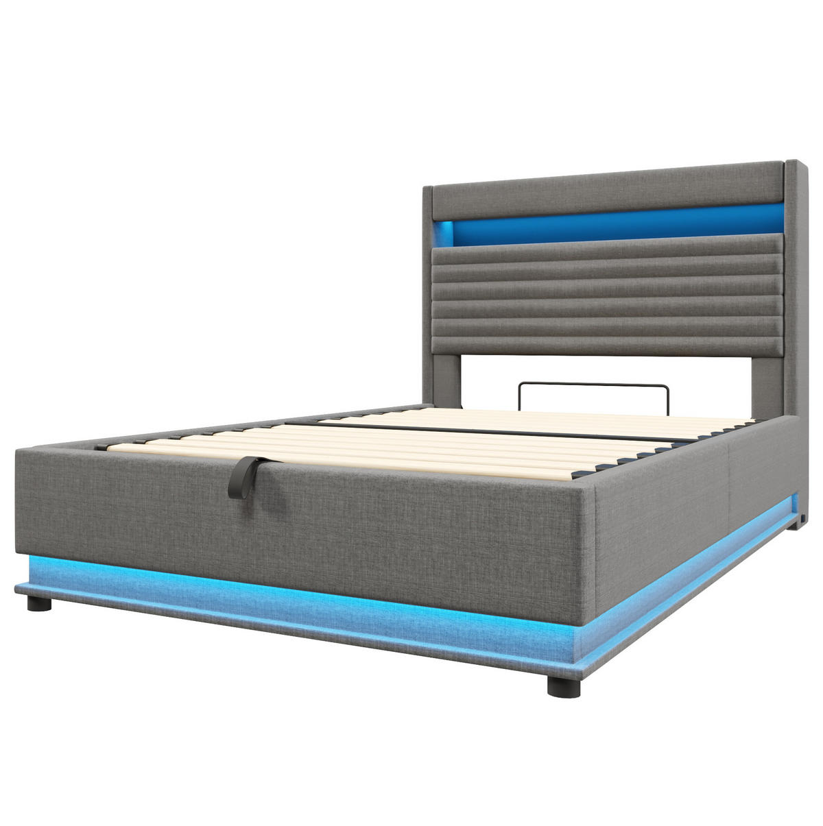 POLSTERBETT 140/200 cm mit LED-Beleuchtung, USB- und Typ-C-Anschluss, hydraulischem Stauraum, Leinen, Grau - Grau, Textil (140/200cm) - Redom