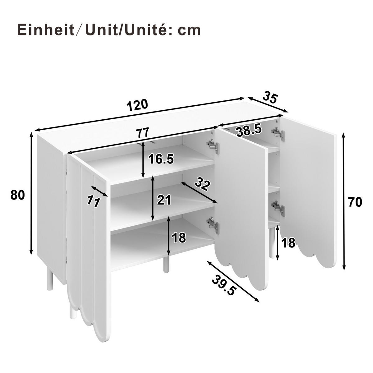 SIDEBOARD 120x35x80 cm, gewellte Türen, Weiß - Weiß, Holz (120/80/35cm)